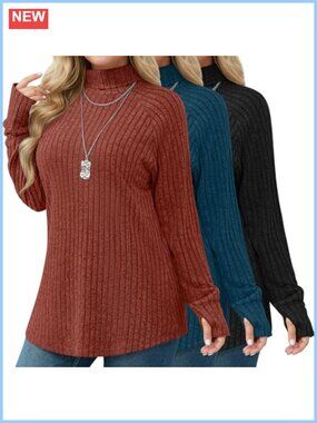 Plus Size Turtleneck Sweater Set Thumbhole Tunic Pullover 3 Pack